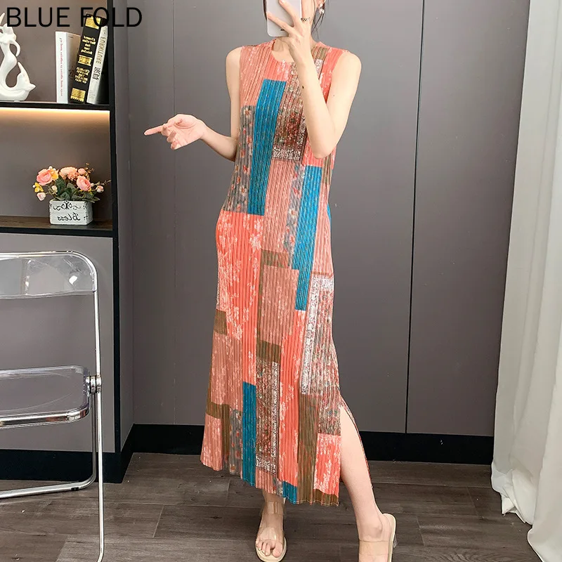 Abito plissettato Miyake Abito lungo dritto stampato skinny 2025 Abito estivo senza maniche con canotta Abiti inferiori