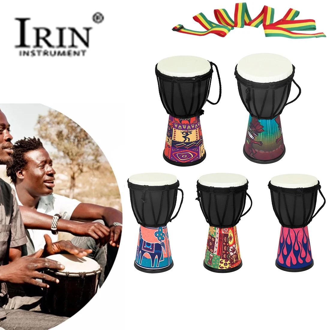 IRIN 4in African Drum Multiple Colors Available PVC Drum Cavity Imitation Sheepskin Surface Material with Drum Strap