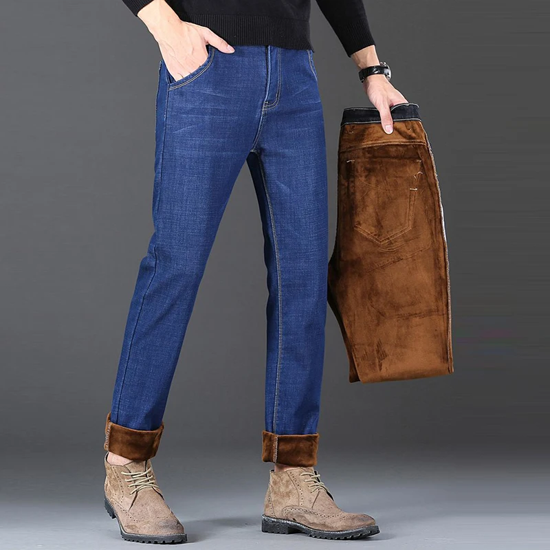 Men Autumn Winter Fleece Lined Thickened Jeans Male Fashion Loose Straight Denim Pants Warm Smart Casual Trousers