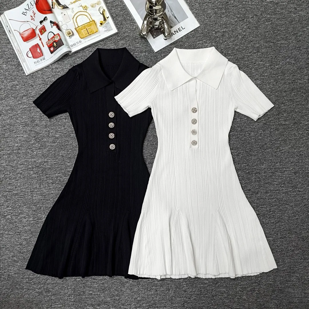 2024 Summer New Pullover Short Sleeve Stripe Slim Fit Elegant Knitted Dress Women Casual High Waist Single Breasted Dress F275