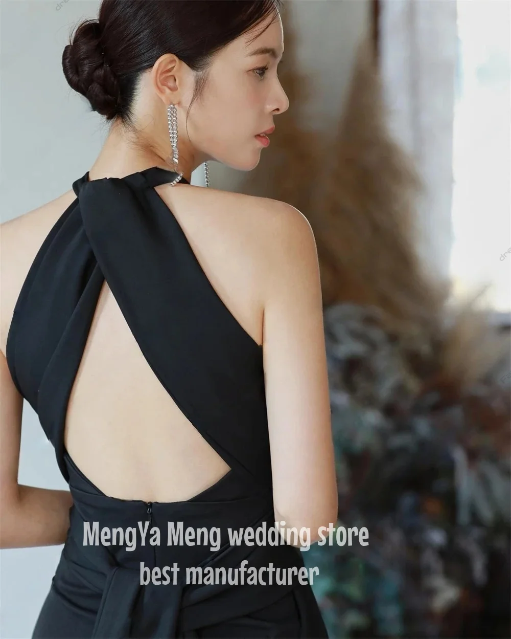 ZHUISHU Gaun Malam Hitam Sederhana Gaun Acara Pesta Formal Panjang Lantai Halter A-Line Gaun Prom Satin A-line Disesuaikan