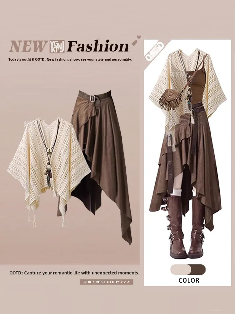 

Ретро этнический комплект с открытыми плечами и запахом на талии, асимметричная юбка и топ, летний комплект 2025, модный женский комплект...