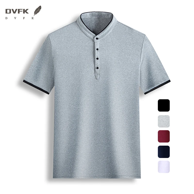 Men's Casual and Fashionable Solid Color Short Sleeved Stand Up Collar T-shirt Summer Versatile and Comfortable Top
