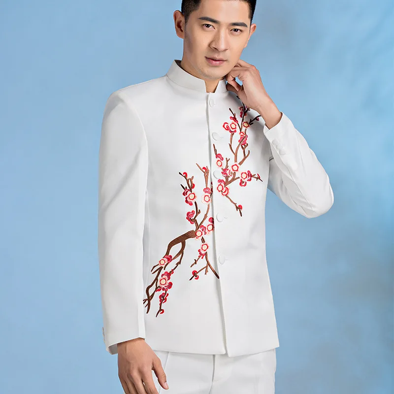 Chinese Tunic Embroidered Flower Suits Stand Collar Long Sleeve Button Up Suit Blazer Pants Set Men Performance Dress Suits 3xl