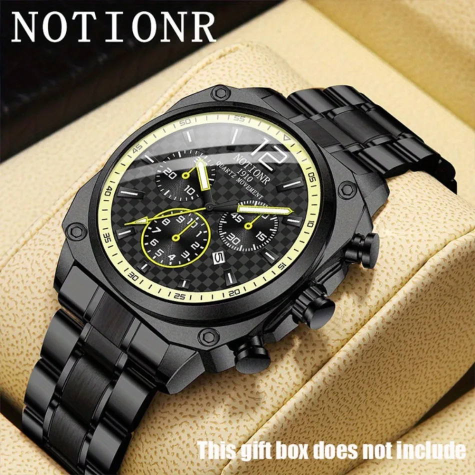 

NOTIONR Деловые мужские модные черные и желтые кварцевые часы с календарем, роскошные мужские черные спортивные наручные часы из нержавеющей стали