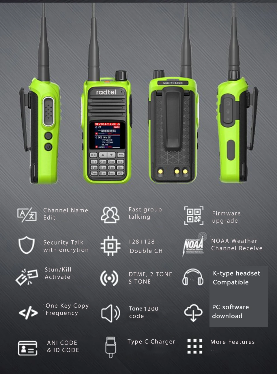 Radtel RT-420 6-полосный любительский двусторонний радиоприемник 256CH Air Band Walkie Talkie NOAA VOX USB SOS LCD Цветной полицейский сканер Авиация