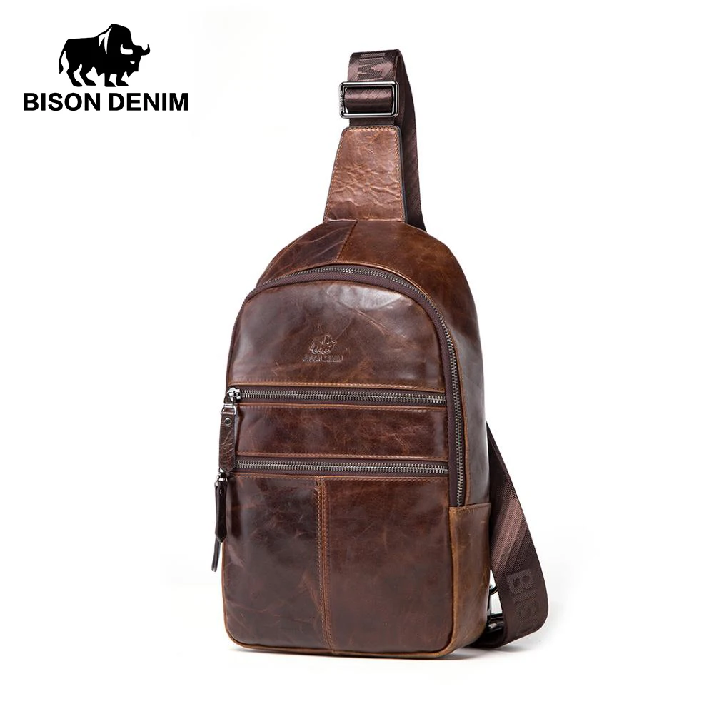 BISON DENIM Genuine Leather Vintage Men\'s Chest Pack Luxury Design Crossbody Bag Durable Multifunctional Shoudler Travel Purse