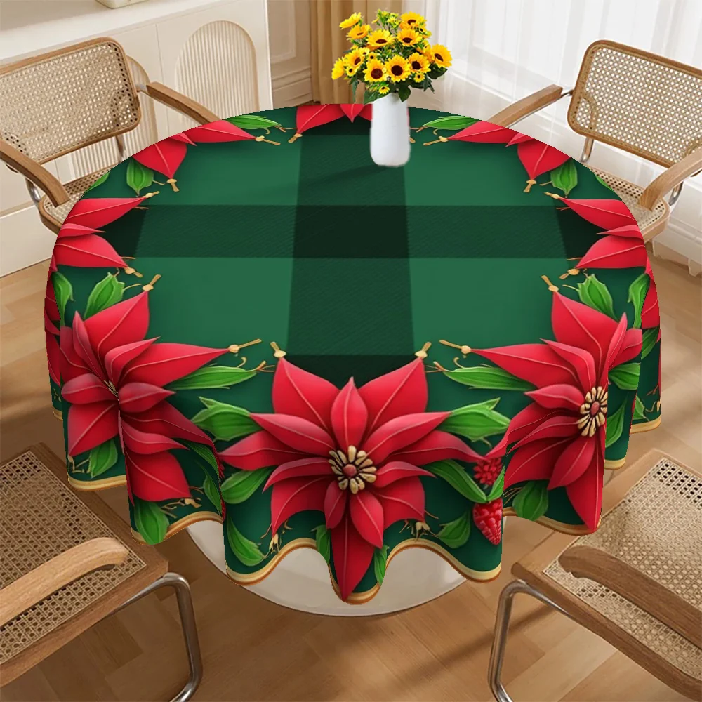Christmas-themed single dining table cover with festive Christmas flowers and plaid design, perfect for home decoration