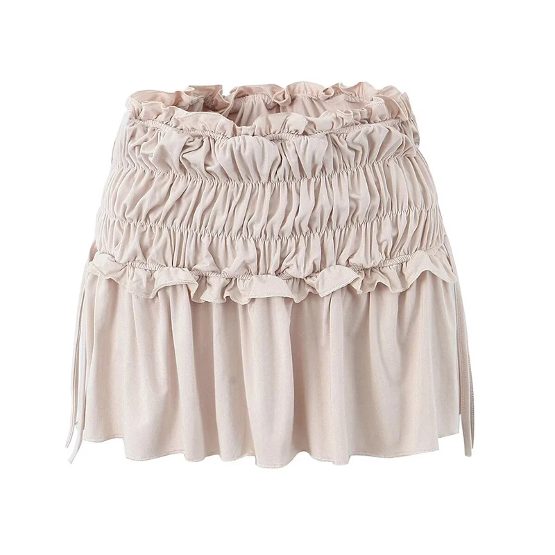 

Sexy Women Apricot Black Elastic Waist Pleated Mini Skirt Summer Holiday Skirts Y2K