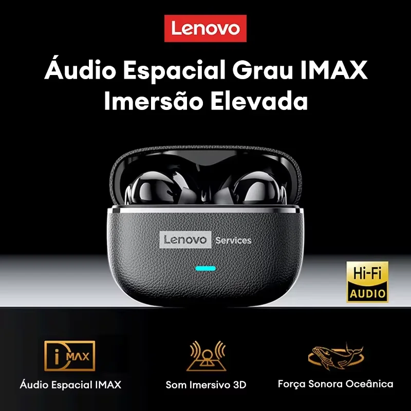Fones de Ouvido Sem Fio Lenovo LE208 Bluetooth V6.0 com Som HIFI, Design em Textura de Couro, Estojo de Carregamento, Chamada HD com Microfone