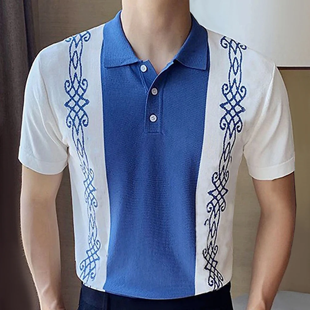 2024 Spring And Summer New Style Mens Retro Knitted Polo Shirt Fashionable Pattern Blue Short Sleeve Casual T-Shirt M-3XL