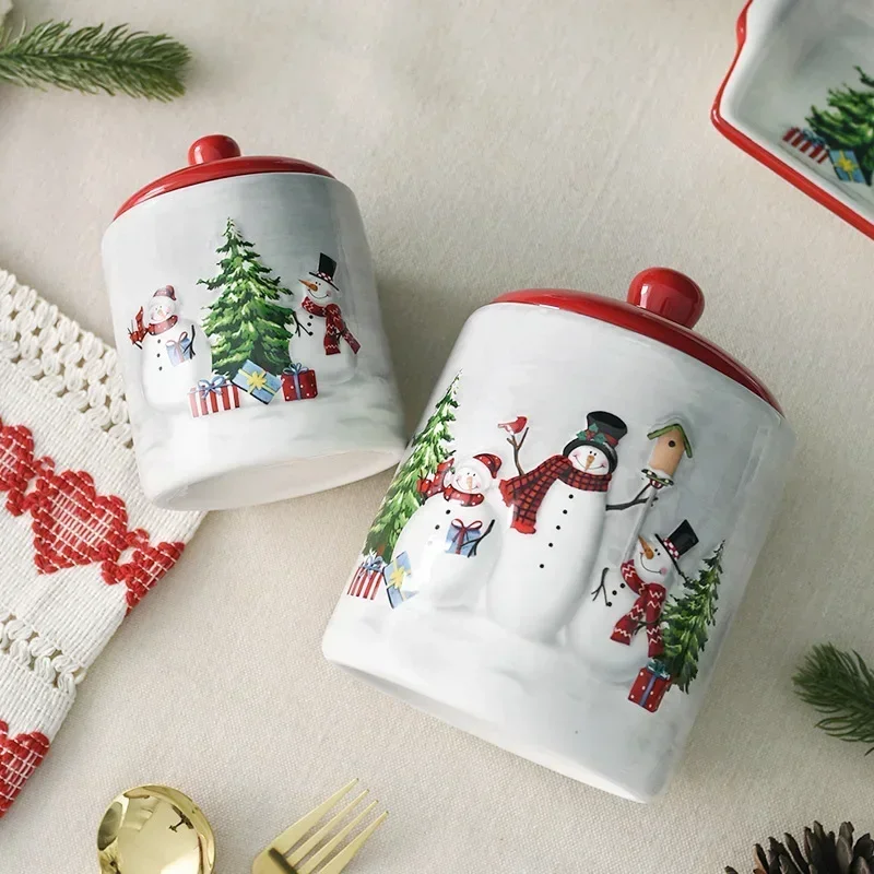 600/1150ml Nordic Style Christmas Snowman Round Sealed Jar Storage Containers Ceramic Jars Household Items Kitchen Accessories