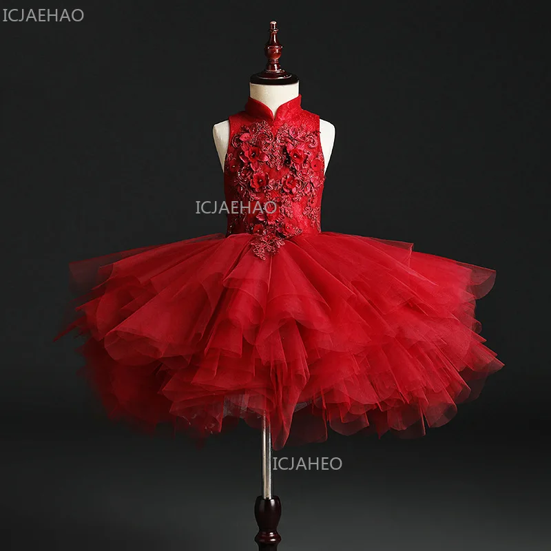 

Красное платье для девочек с цветочным узором, праздничное платье принцессы, детский наряд для дня рождения, официальный костюм для выступлений, свадебная одежда, модная вечерняя одежда для вечеринок