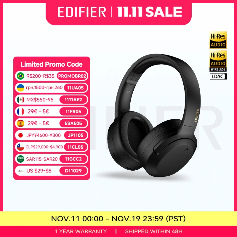 Edifier-Casque antibruit sans fil Hi-Res, casque Bluetooth lger, W820NB Plus, 43dB ANC, codec Sat AC, 49 heures de lecture