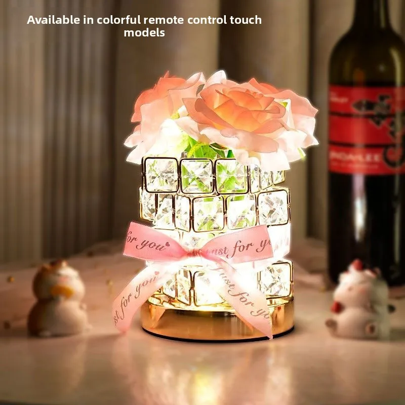 Presente do dia dos namorados rosa cristal recarregável lâmpada de mesa luz ambiente de sete cores luz decorativa do quarto das meninas