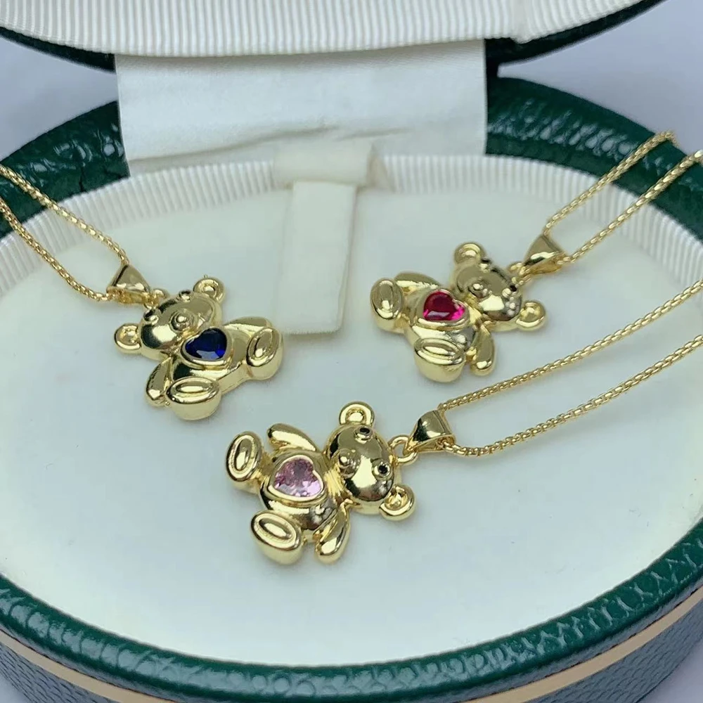 

New Cute Bear Necklace Women Jewelry Metal 18k Gold Plated Heart Crystal Zircon Pendant Neck For Female