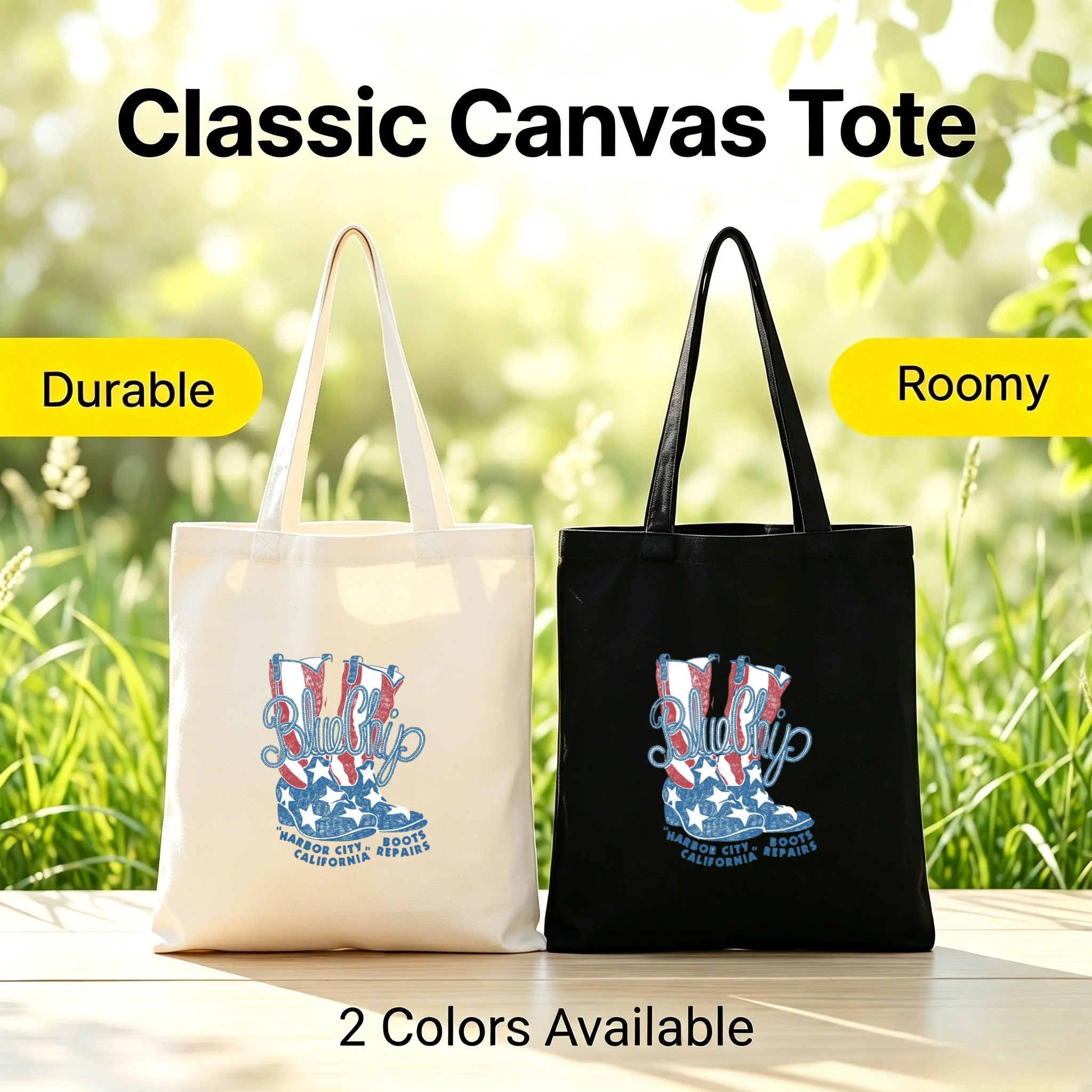 1PC Blue Chip American Flag Cowboy Boots Canvas Bag Eco Reusable Western Country Shoulder Tote Bag