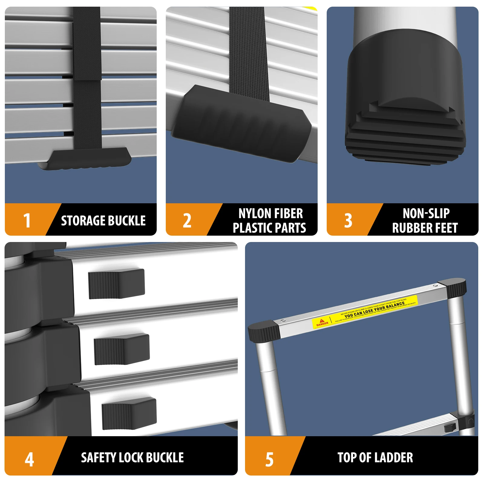 BRIEFNESS 5M Aluminium Telescopic Folding Ladder,Multi-purpose,Non-slip,Extendible,Lightweight Loft Straight Ladder,Load 330LBS