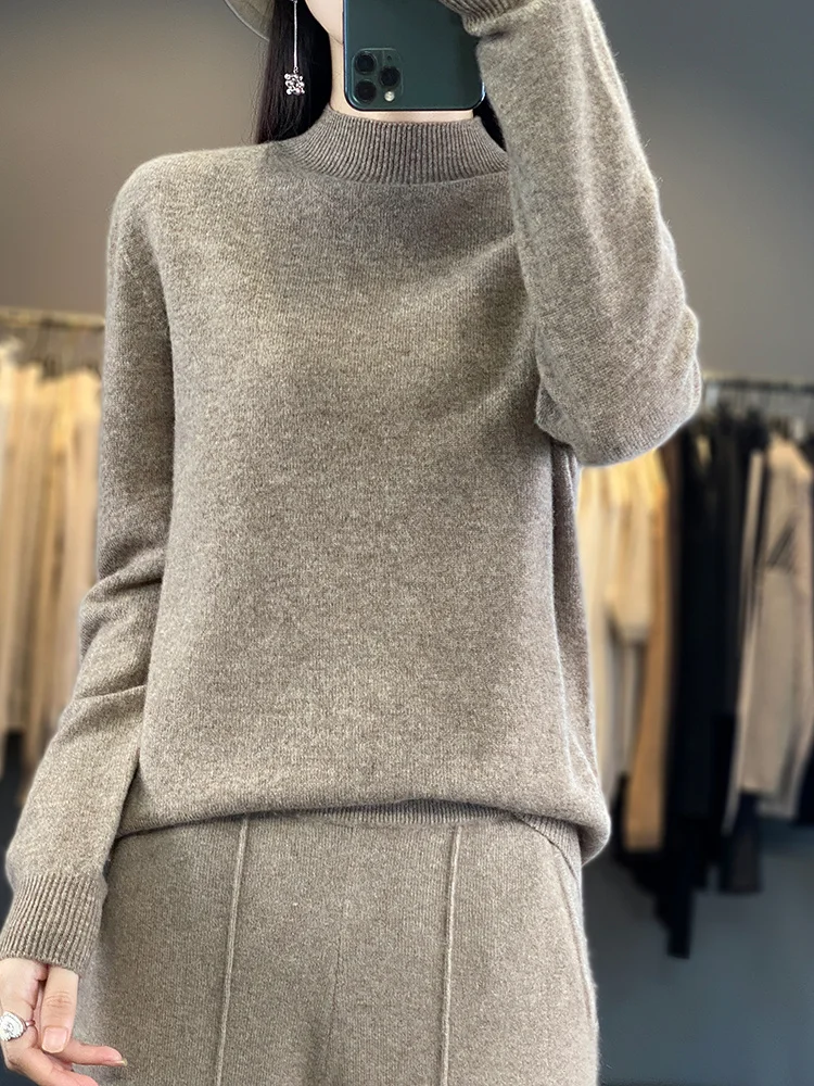 Fashion 100% Merino Wool Sweater Solid Color Mock Neck  Cashmere Pullover Basic Autumn Winter Soft Long Sleeve Clothing Tops
