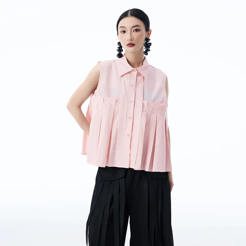 

Summer women's sleeveless shirt, pleated patchwork women's top shirt, loose casual vest, Japanese style 2025
