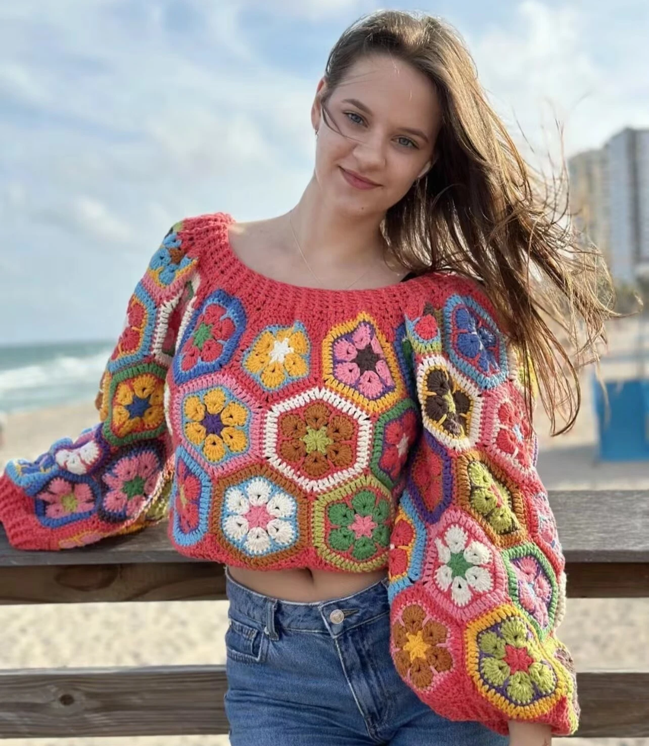 Lanterna manica lunga maglione lavorato a mano all'uncinetto sciolto per le donne top O collo Pullover lavorato a maglia etnico colorato Boho Jumper tira