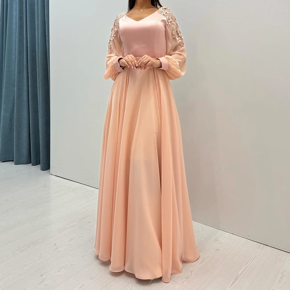 

Customized A-line Evening Dresses Floor-length V-neck Full Sleeve Prom Gown Fashion Flowers Simple Draped Casual Party Gown