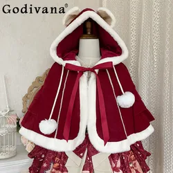 Christmas Party Lolita Red Capes women Autumn and Winter Girl Sweet Cute Sweet Ponchos Lady Kawaii Long Sleeve Printed Dresses