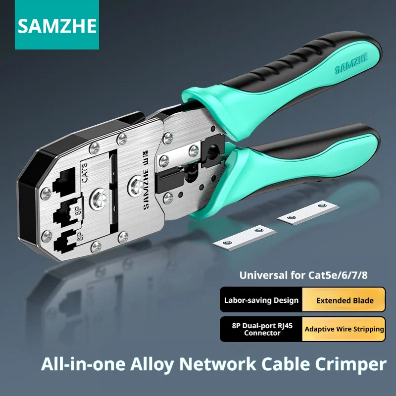 SAMZHE Alloy Steel Crimp Plier RJ45 Crimper Stripper Cutter for Cat5e/6/7/8 Ethernet Wire Tool With Dovetail Clip Double 8P