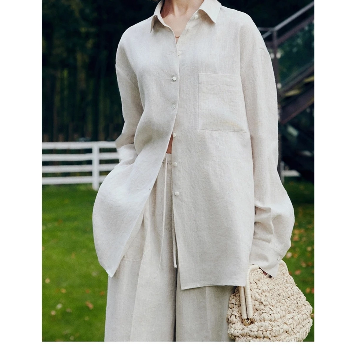 

2025 Spring/Summer Linen Lightweight and Comfortable Loose Shirt, Half Skirt, Long Pants 3-Piece Set