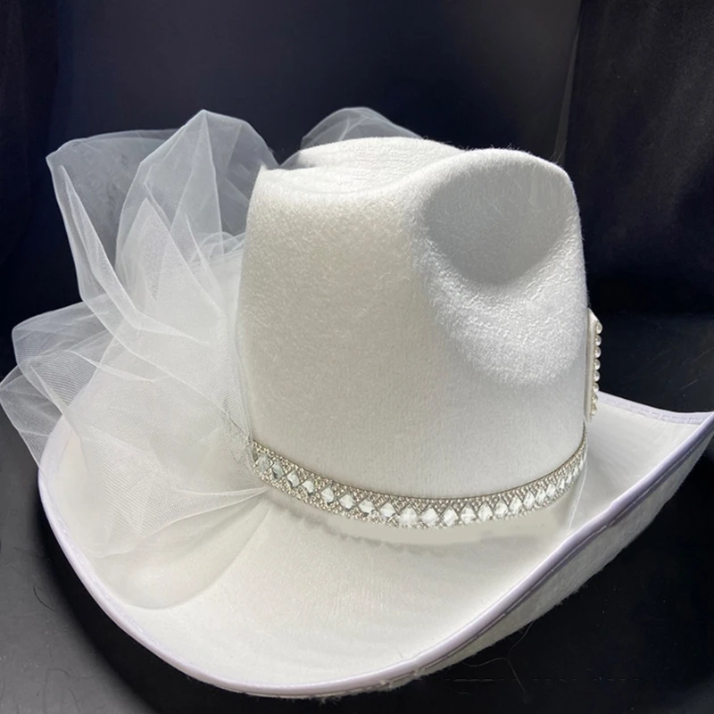 Handmade Women Wool Bride Cowboy Hat Wide Brim Bridal for Rhinestone Western Shinning White Fedora Hat with Yarn Veil