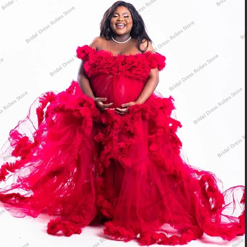 

Red Tulle Women Sleepwear Pajamas Bridal Wedding Night Dresses Photo Shoot Custom Made V Neck Short Sleeves Prom Party Robe