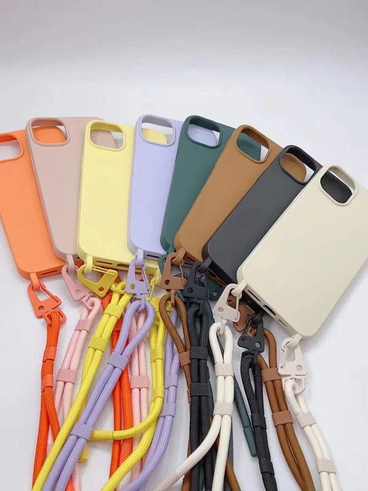 Crossbody Necklace Strap Lanyard Matte Silicone Case For iPhone 14 15 Pro Max 11 12 13 Mini XR X XS 7 8 Plus SE Shockproof Cover