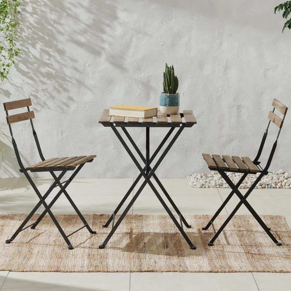 Folding Patio Bistro Set – 3-Piece Acacia Wood and Steel Café Table and Chairs for Porch, Deck, Garden, or Balcony Furniture