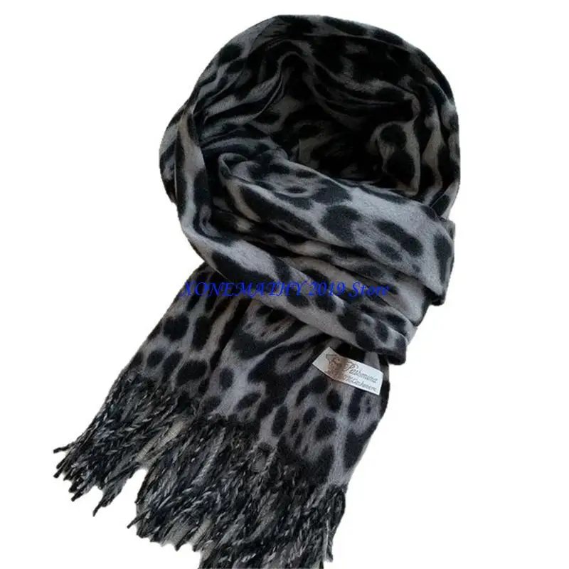 

F42F Elegant Animal Print Scarf For Women Winter Warmth Soft Fringed Shawl
