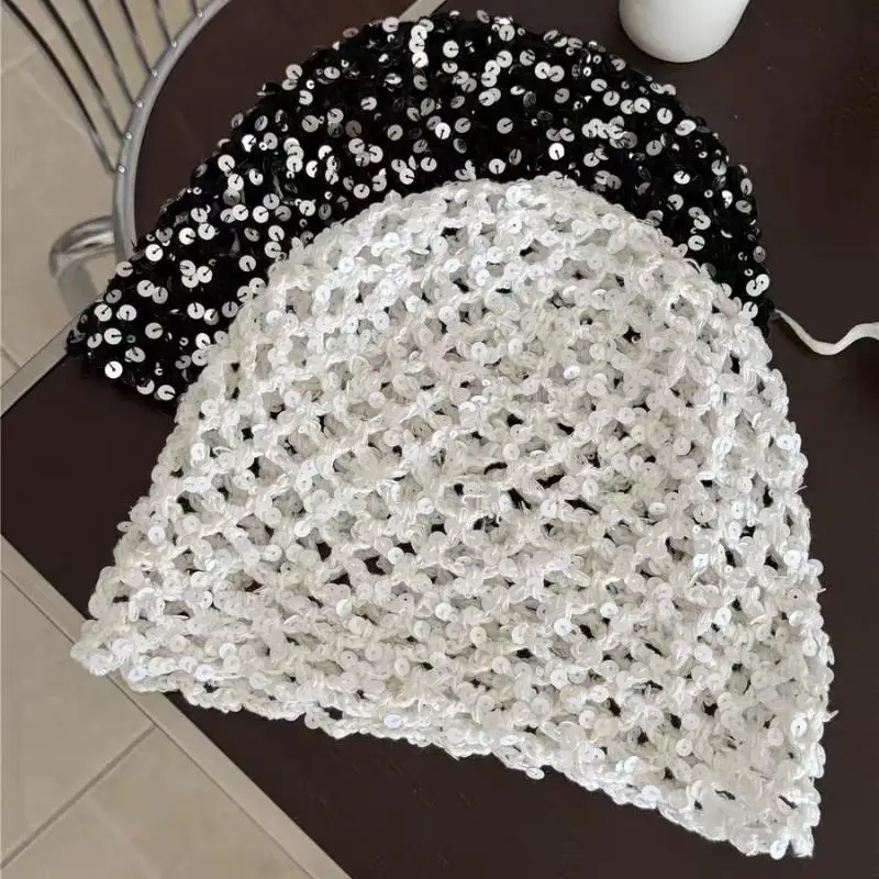 New Ins Style Sequined Hollow Pullover Hats Women Summer And Autumn Travel Photo Atmosphere Versatile Casual Y2K Beanies