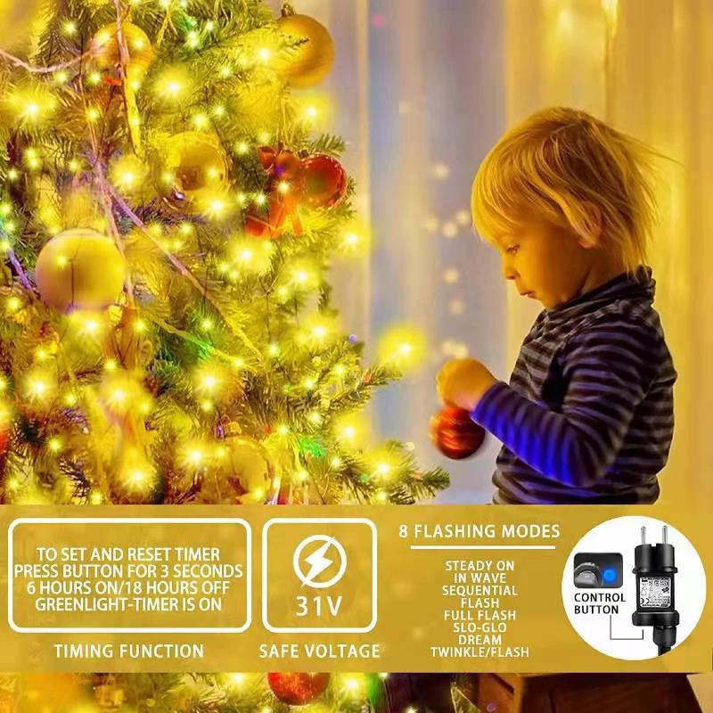 Luces LED para árbol de Navidad, 8 modos, guirnaldas de luces, cadena para patio, jardín, exterior, impermeable, decoración navideña, fiesta, Año Nuevo