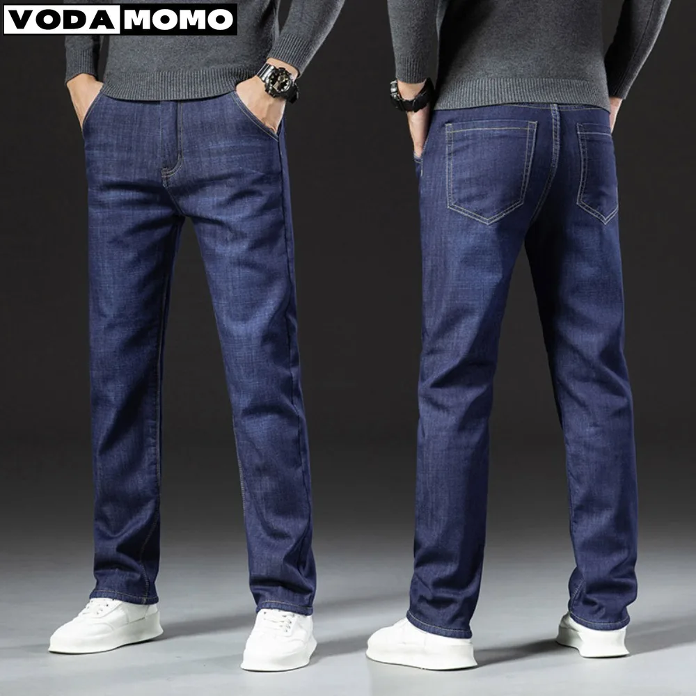 Inverno termico caldo peluche addensare Jeans elasticizzati uomo inverno qualità marca pantaloni in pile uomo dritto velluto floccaggio pantaloni