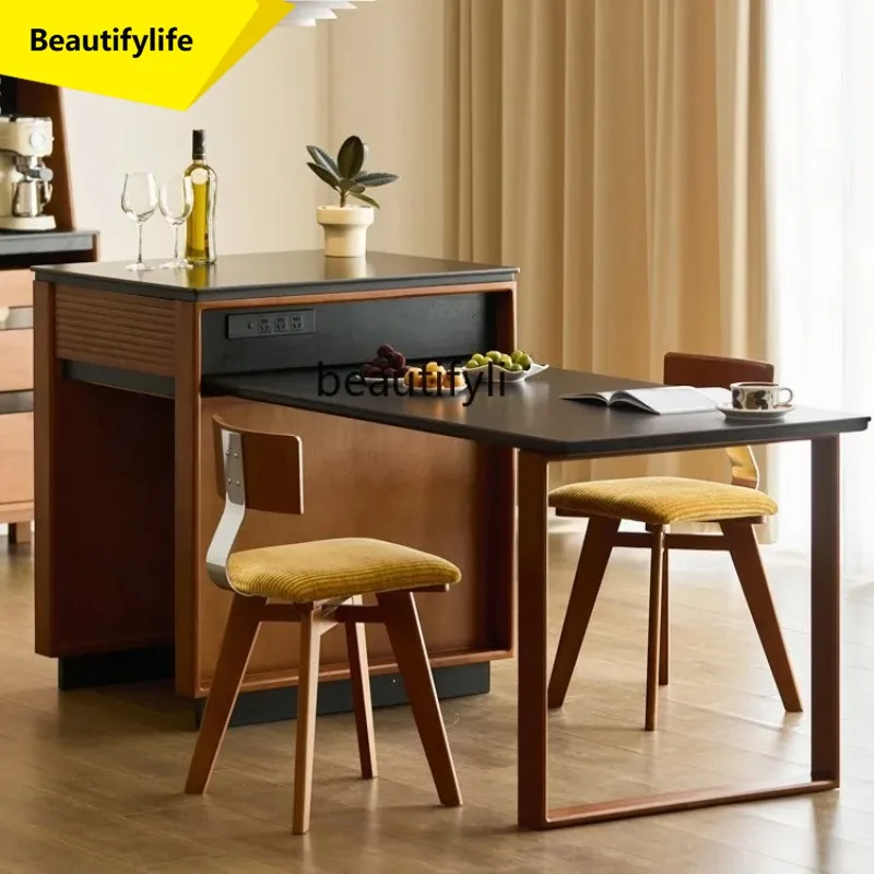 Vintage Island Dining Table Integrated Solid Wood Rock Board Bar Cabinet Extendable Cherry Wood Storage Cabinet Sideboard K185