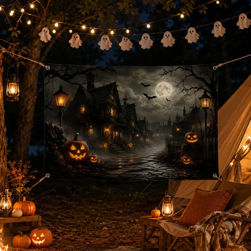 Vintage Dark Halloween Flags Spooky Halloween Wall Hanging Banner Washable Fade‑Resistant Indoor Outdoor Party Decor