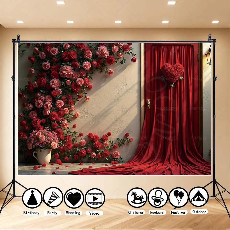 

MOON.QG Valentine'S Day 2026 Backdrop Rose Flower Red Curtains Background Poster Photo Studio Wedding Portrait Studio Photocall
