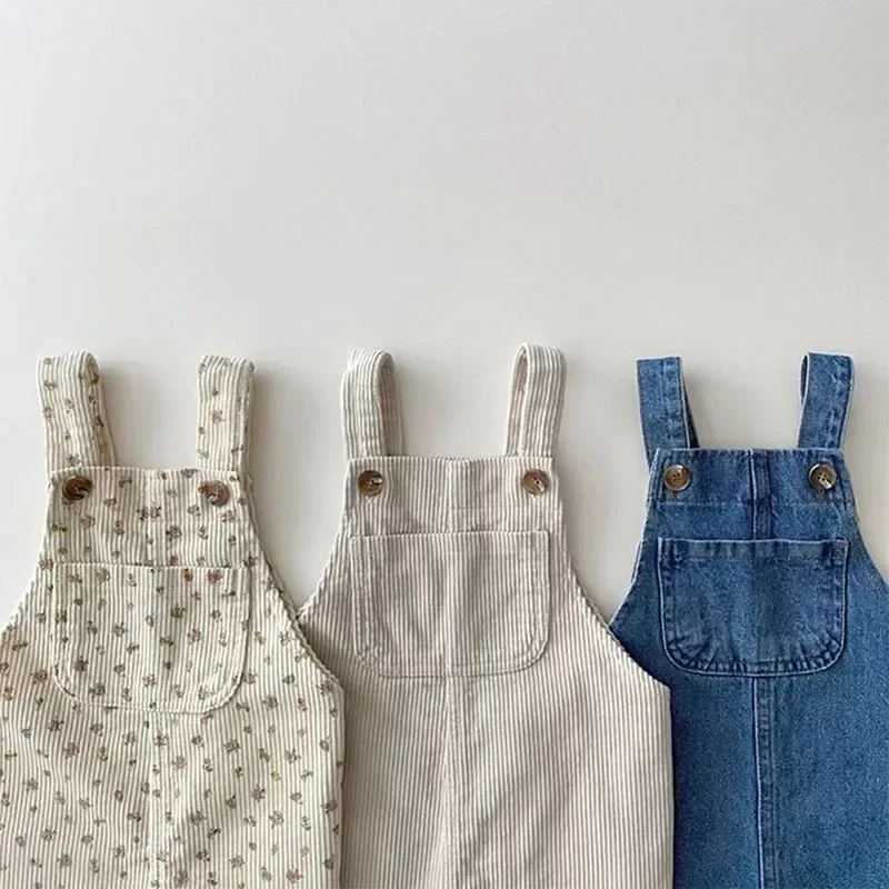 New Autumn Baby Boy Solid Casual Overalls Girls Children Floral Suspenders Jumpsuit Kid Loose Cotton Denim Pants Infant Trouser