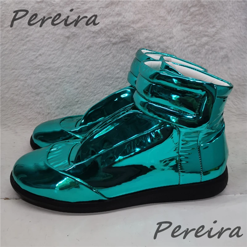 

Men's Laser Leather High Top Shoes Silver Red Gold Thick Soled Hook & Loop Casual Sneakers Fashion Designer Flat Sport Shoes