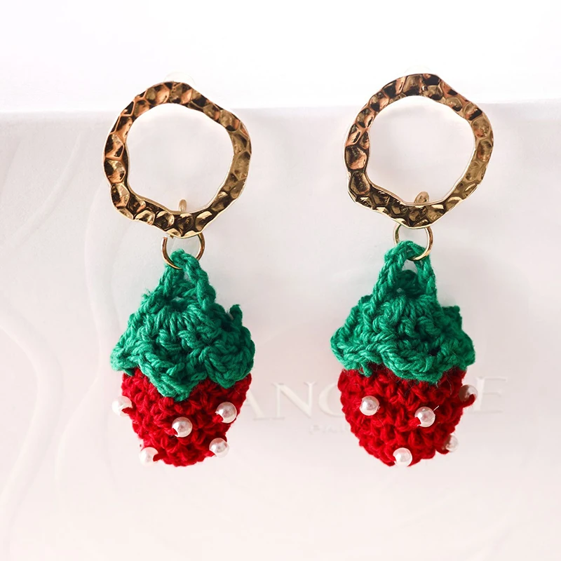 New Korean Fashion Woolen Handwoven Strawberry Earrings Sweet and Exquisite Earrings for Women's Jewelry