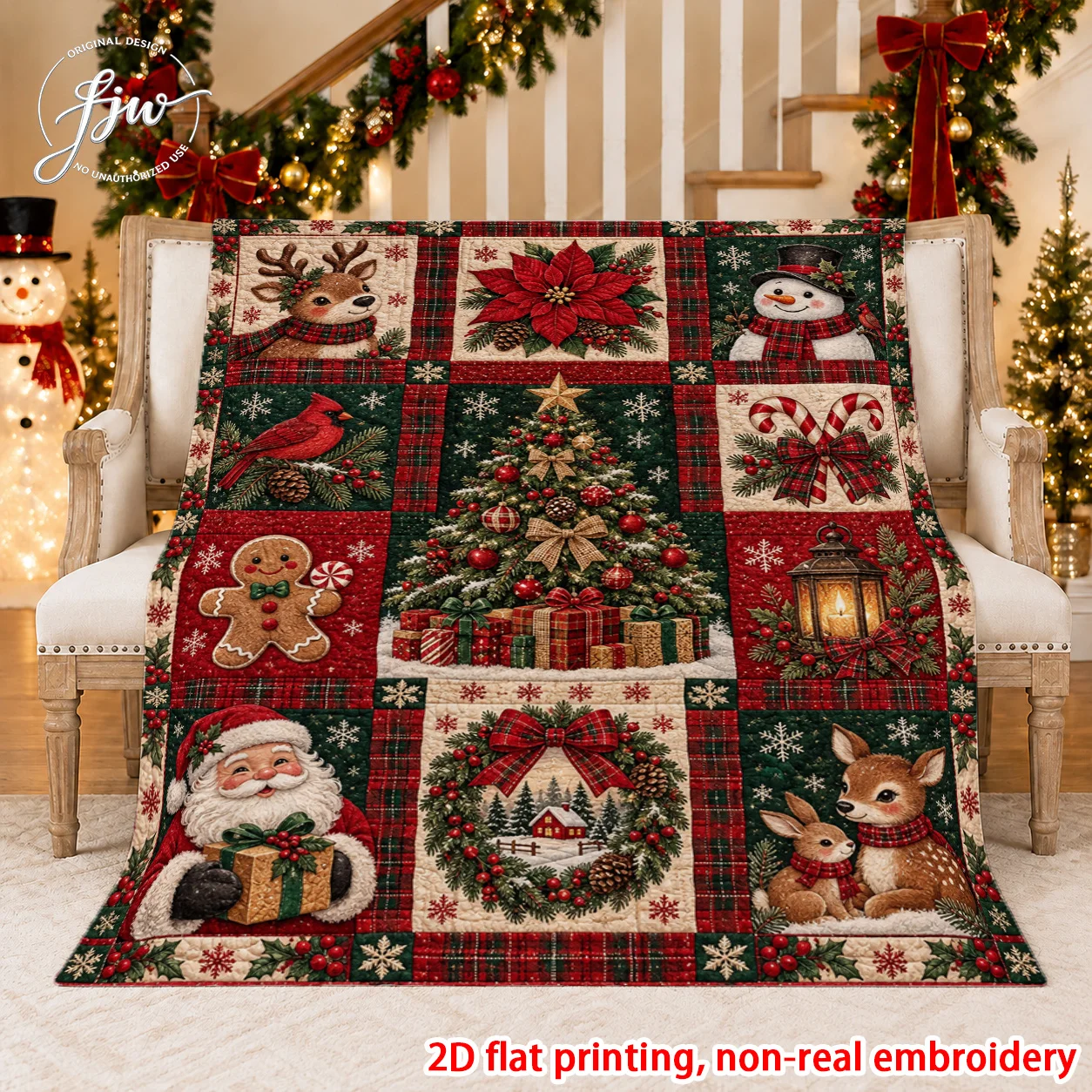 1pc 2D Flat Vintage Christmas Quilt Style Blanket, Ultra Cozy Throw for Bed, Sofa, Chair & Office, Suitable for Travel & Outdoor