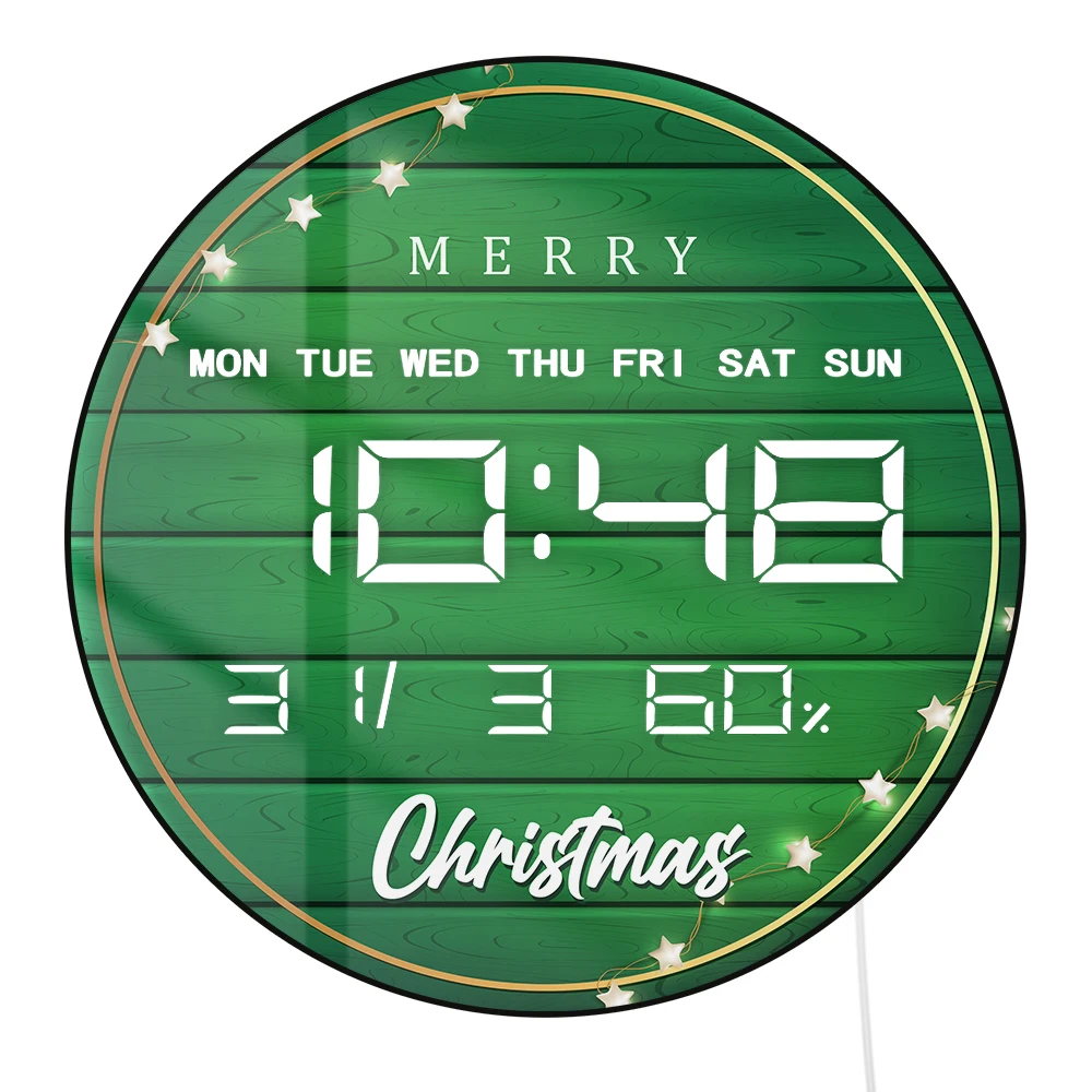 Merry Christmas Digital Wall Clock Trendy Green Holiday Home Decor Modern Design Wall Clock with Timer Date Temperature Display