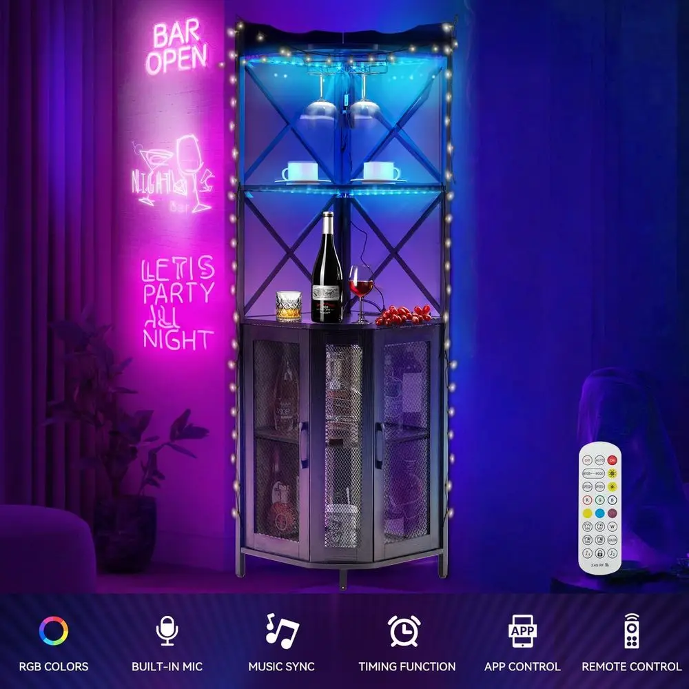 5-Tier Wine Bar Cabinet with LED Lighting and AC Charging, Modern Industrial Style for Home view 4