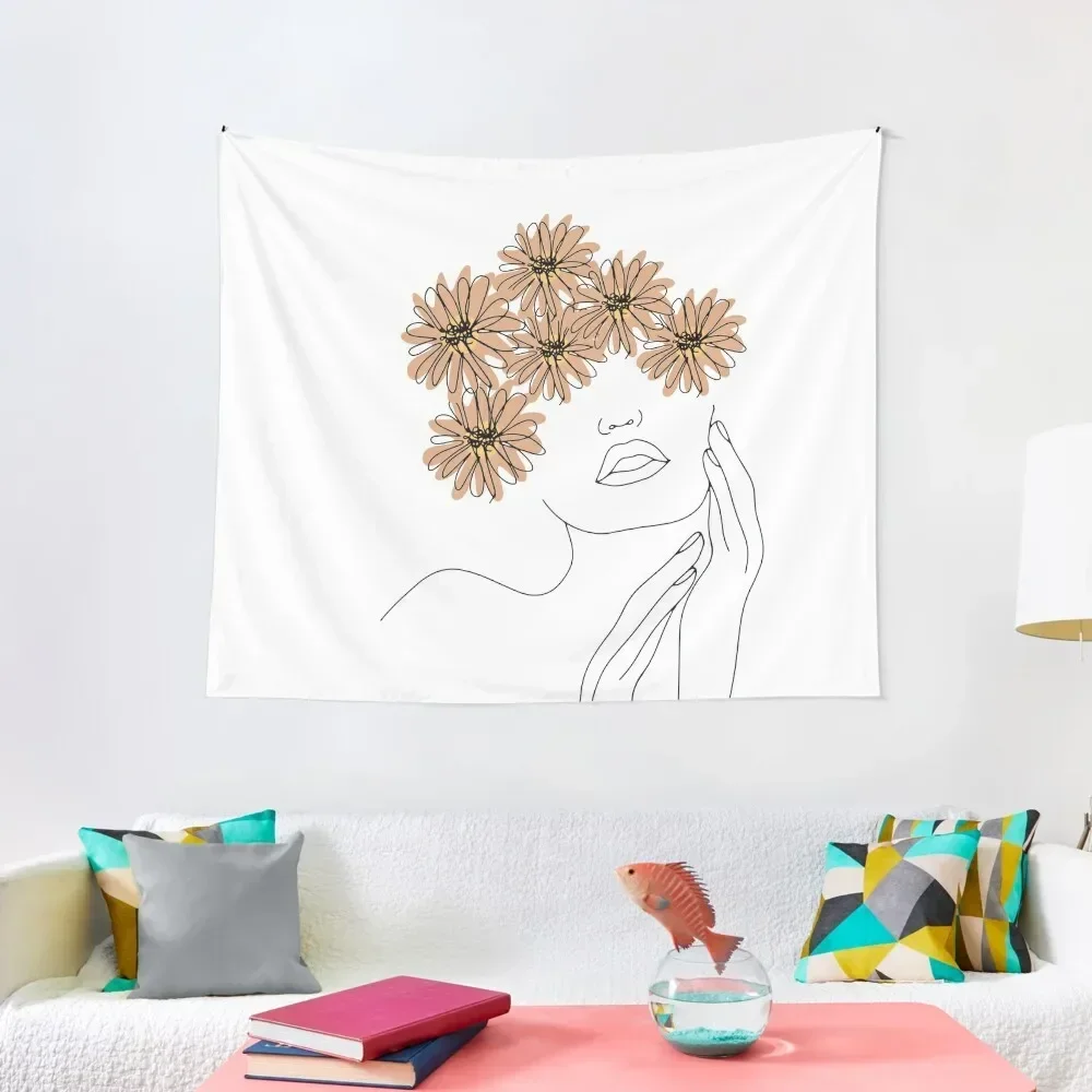 

Woman With Flowers Minimal Line Art Tapestry Living Room Decoration For Bedroom Bedroom Decorations Tapestry