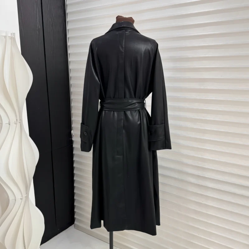 Autumn Winter Long Leather Coat Women 2025 New Fashion Loose Temperament The Waist Windbreaker Pure Colour Outerwear Female