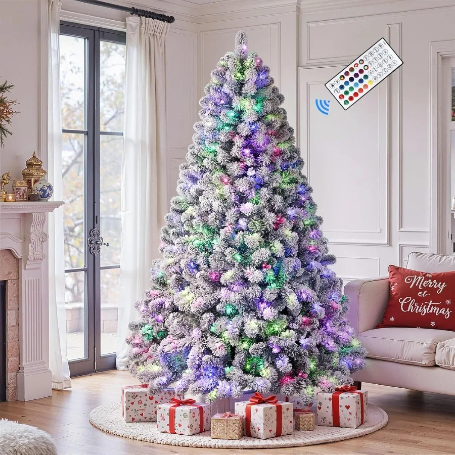 

7.5ft Prelit Snow Flocked Spruce Artificial Christmas Tree with Remote 2025 Upgraded 470 Pre-Lit Multi-Color RGB Lights Full Sn