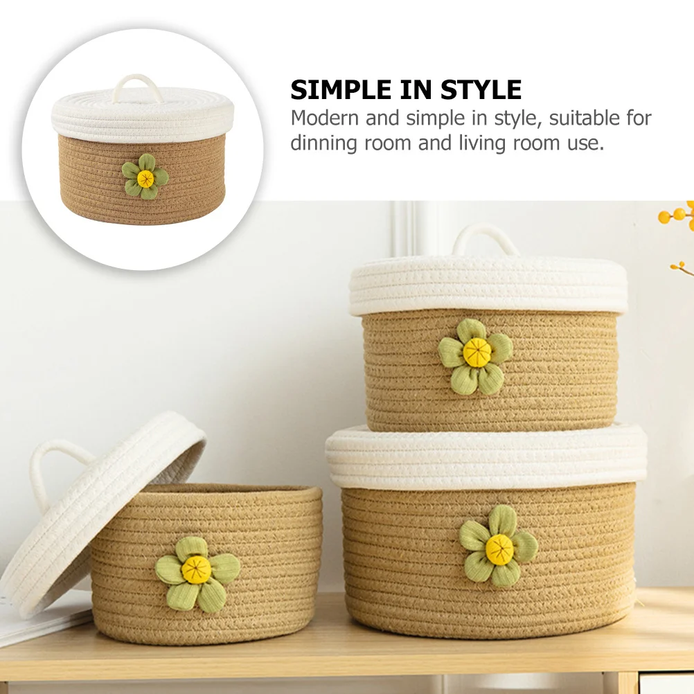 

Woven Storage Boxes with Lids Small Basket Bins Rope Cotton Round Decorative Baskets for